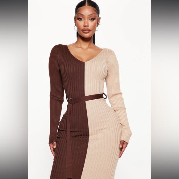 Fashion Nova Autumn Calls Colorblock Sweater Midi Dress - Chocolate/Combo. NWT - Picture 2 of 7